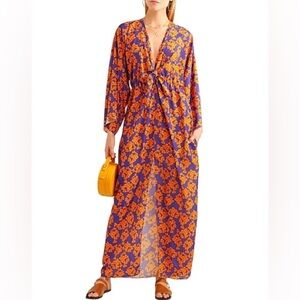 Borgo De Nora Elsa Tie Front Orange and Purple Floral Maxi Dress, size UK 10 (6)